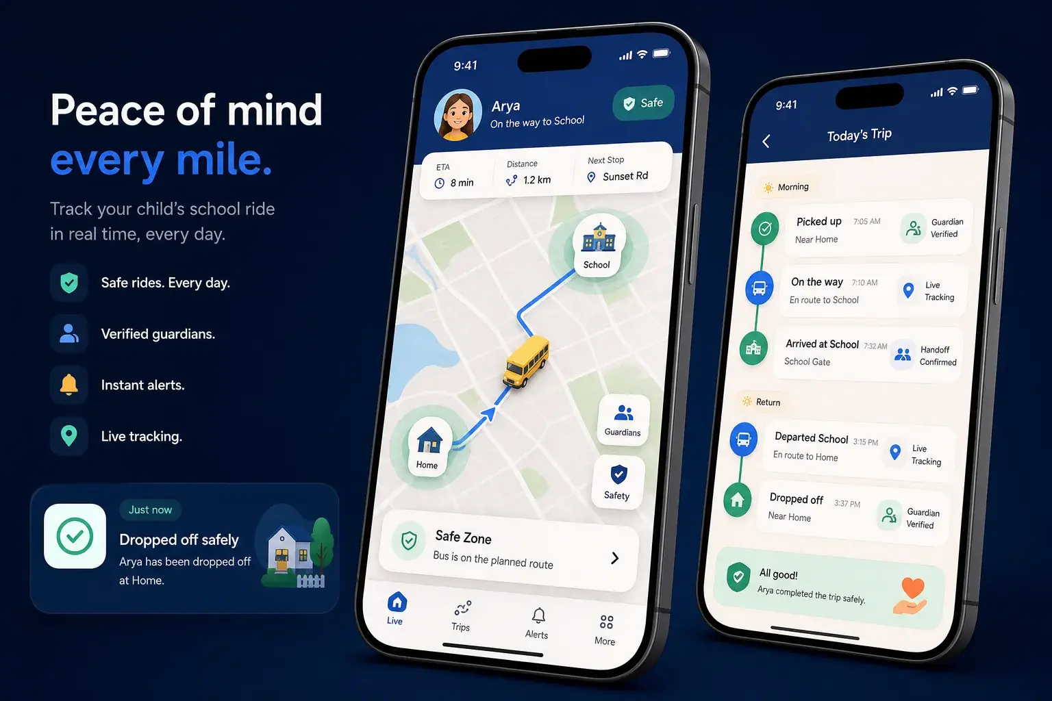 Hush ERP parent mobile app showing a child's school bus route, ETA, pickup, arrival, and safe drop-off