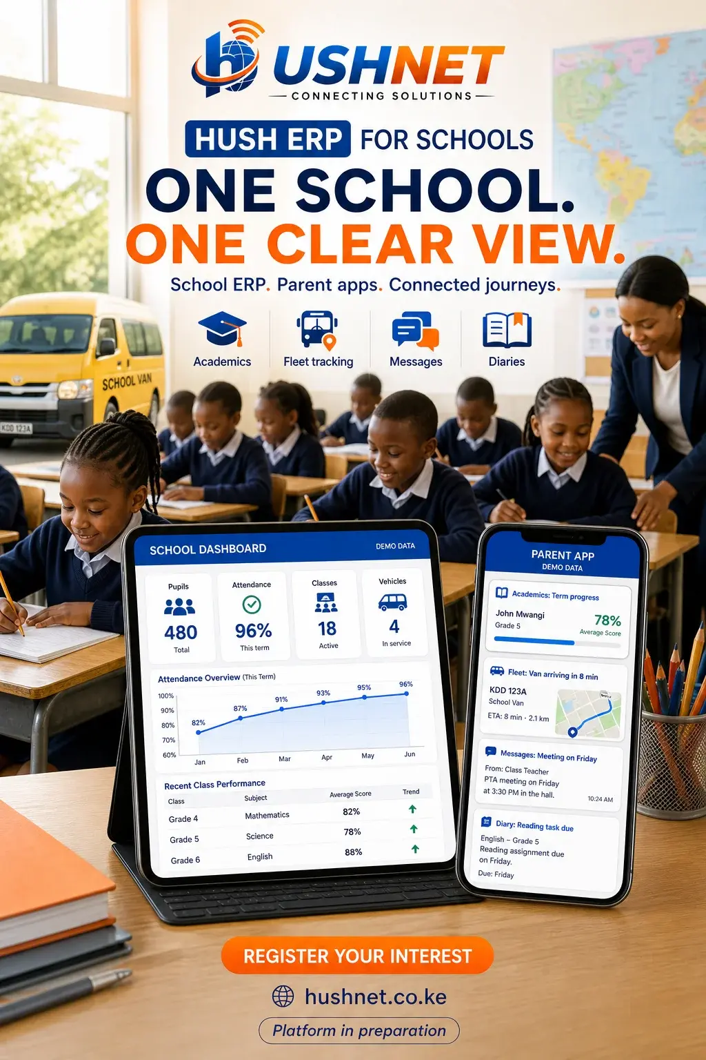 HUSH ERP for Schools campaign with pupils learning in class, a school van, and populated school dashboard and parent app. All screen data is fictional demo content; platform in preparation.