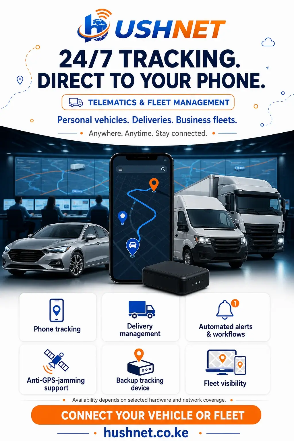 HUSHNET telematics: 24/7 phone tracking for personal vehicles, deliveries and business fleets, with automated alerts, anti-GPS-jamming support and a backup device. Availability depends on hardware and network coverage.